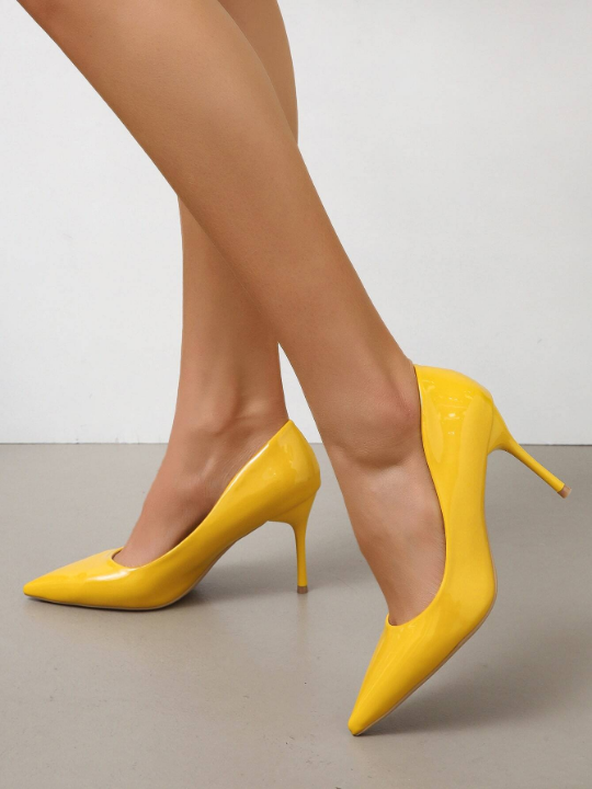 Women Point Toe Stiletto Heeled Court Pumps, Funky Outdoor Yellow Pumps