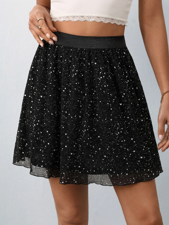 Frenchy High Waist Glitter Mesh Overlay Flare Skirt