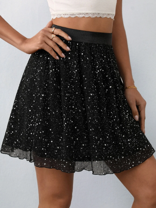 Frenchy High Waist Glitter Mesh Overlay Flare Skirt