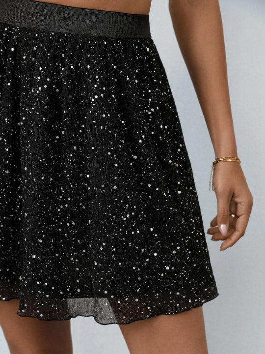 Frenchy High Waist Glitter Mesh Overlay Flare Skirt