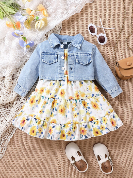 Baby Girl Flap Pocket Denim Jacket & Floral Print Ruffle Hem Cami Dress