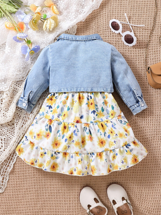 Baby Girl Flap Pocket Denim Jacket & Floral Print Ruffle Hem Cami Dress