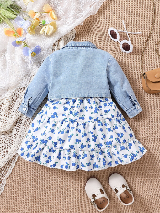 Baby Girl Flap Pocket Denim Jacket & Floral Print Ruffle Hem Cami Dress