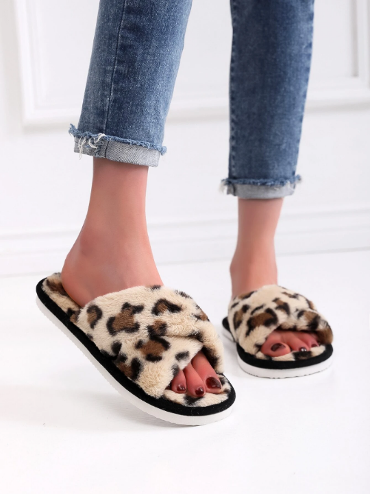 Women Leopard Pattern Cross Strap Fluffy Bedroom Slippers, Fabric Fashion Slippers Indoor