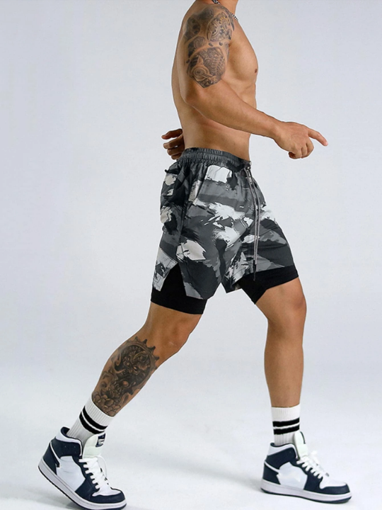 Sport PWRUP Men Brush Print Drawstring Waist 2 In 1 Sports Shorts