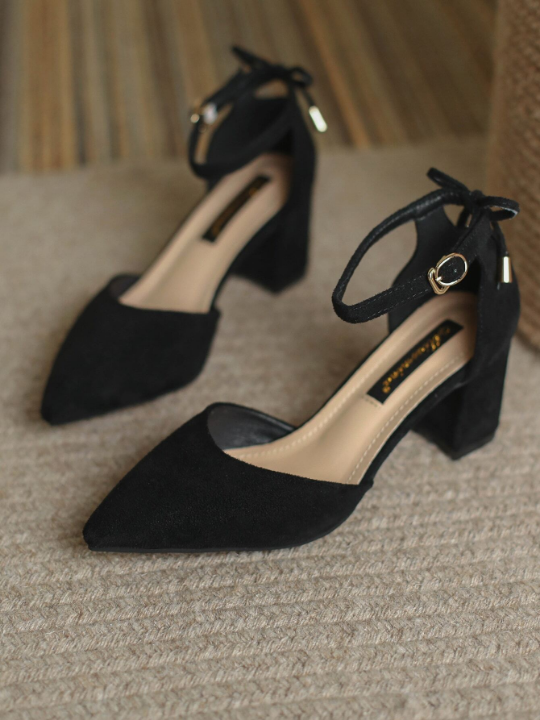 Women Tie Back Point Toe Chunky Heeled Pumps, Elegant Black Faux Suede Ankle Strap Pumps