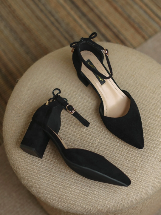 Women Tie Back Point Toe Chunky Heeled Pumps, Elegant Black Faux Suede Ankle Strap Pumps