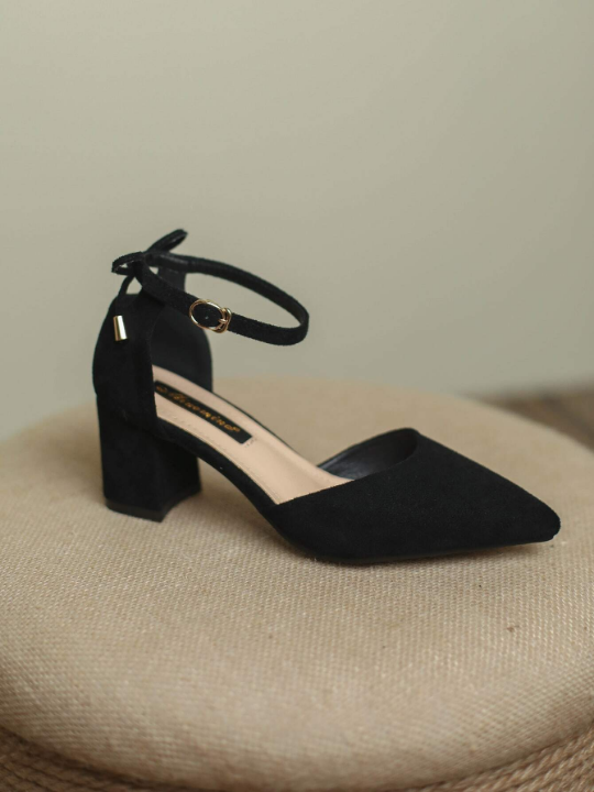 Women Tie Back Point Toe Chunky Heeled Pumps, Elegant Black Faux Suede Ankle Strap Pumps