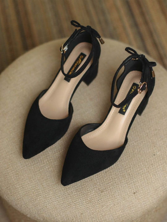 Women Tie Back Point Toe Chunky Heeled Pumps, Elegant Black Faux Suede Ankle Strap Pumps