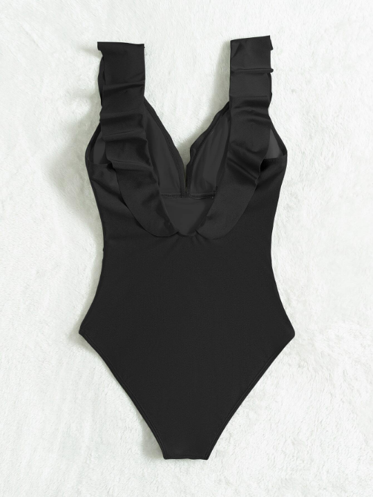 Swim Basics Ruffle Trim Ruched One Piece Swimsuit