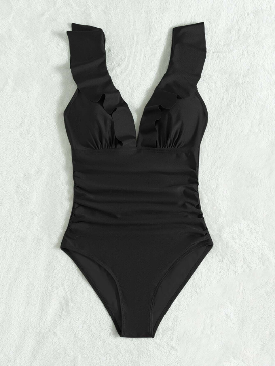 Swim Basics Ruffle Trim Ruched One Piece Swimsuit