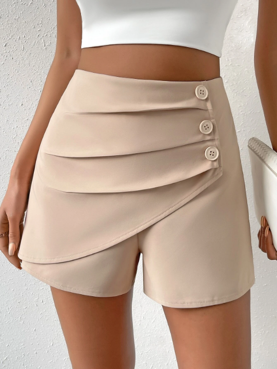 Priv High Waist Button Detail Ruched Wrap Hem Skort