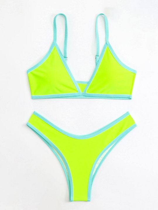 Contrast Binding Triangle Bikini Swimsuit