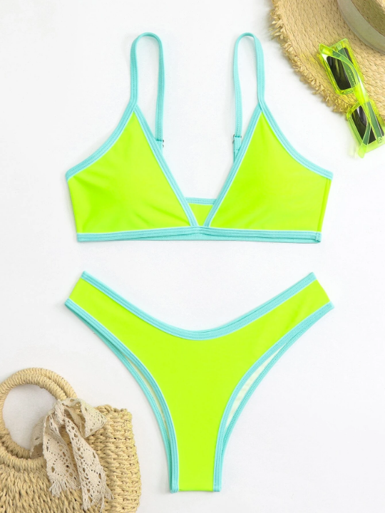 Contrast Binding Triangle Bikini Swimsuit