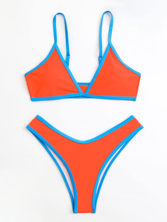 Contrast Binding Triangle Bikini Swimsuit