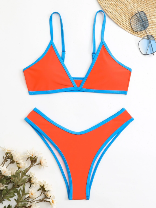 Contrast Binding Triangle Bikini Swimsuit