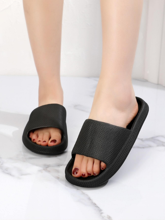 Women Breathable Textured Single Band Slippers, Minimalist Black EVA Slides For Indoor