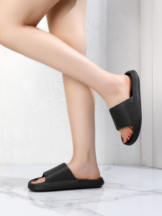 Women Breathable Textured Single Band Slippers, Minimalist Black EVA Slides For Indoor