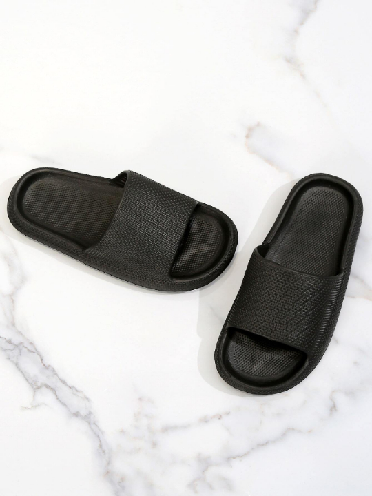 Women Breathable Textured Single Band Slippers, Minimalist Black EVA Slides For Indoor