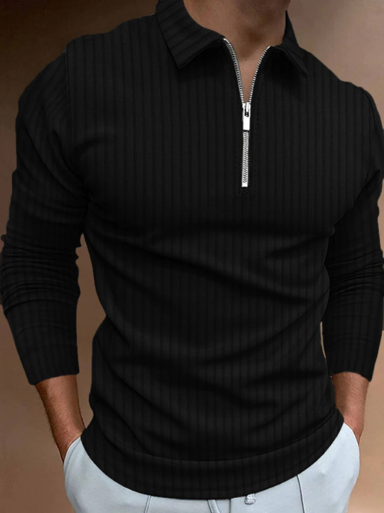 Manfinity Homme Men Ribbed Knit Quarter Zip Polo Shirt