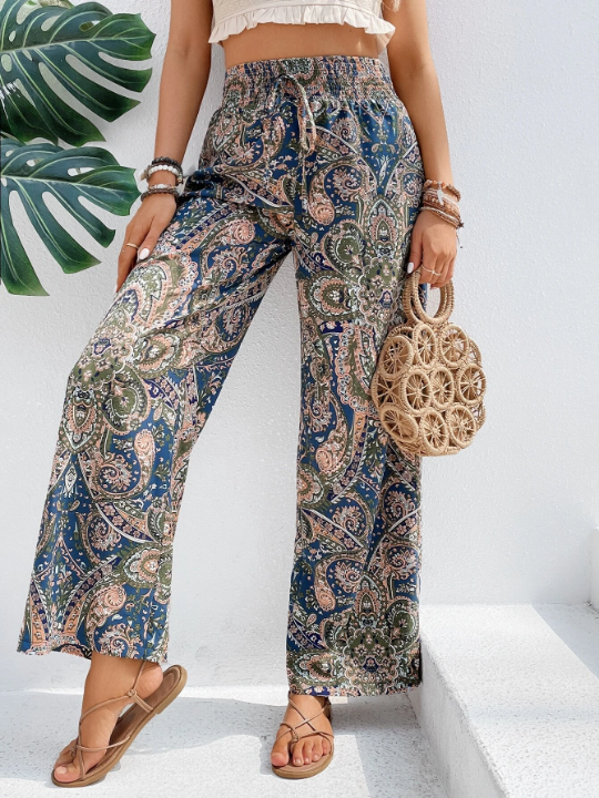 VCAY Paisley Print Tie Front Wide Leg Pants