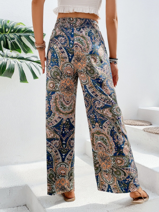 VCAY Paisley Print Tie Front Wide Leg Pants