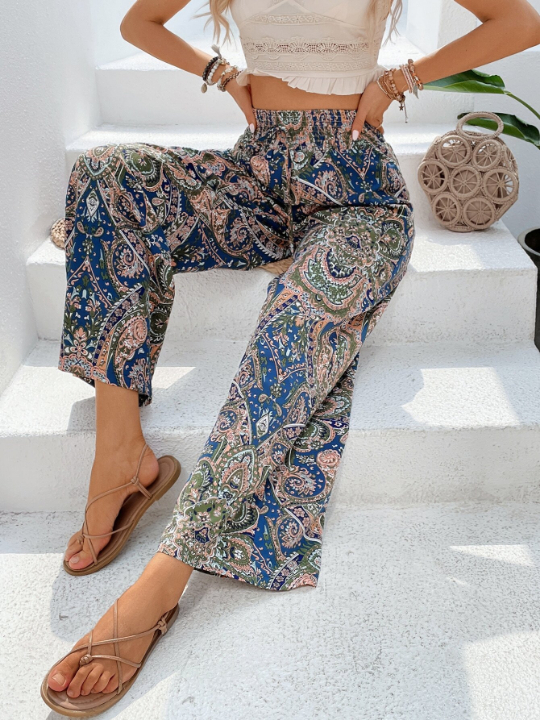 VCAY Paisley Print Tie Front Wide Leg Pants