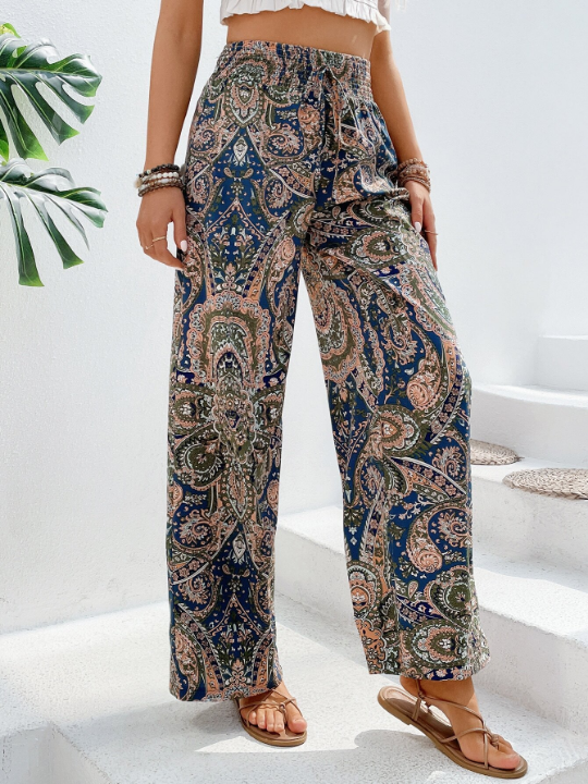 VCAY Paisley Print Tie Front Wide Leg Pants