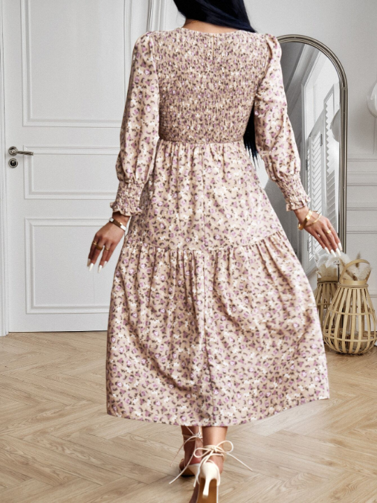 Ditsy Floral Print Puff Sleeve Ruffle Hem Dress