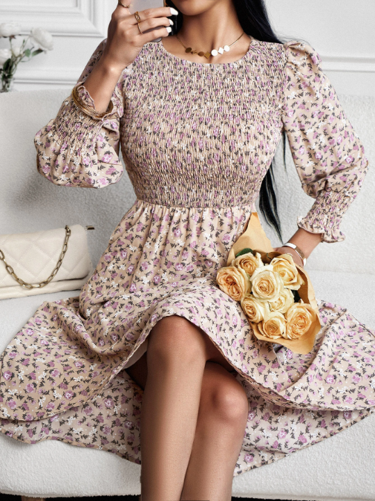 Ditsy Floral Print Puff Sleeve Ruffle Hem Dress