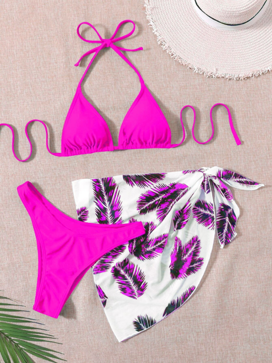 Swim Vcay Leaf Print Bikini Set Halter Triangle Bra & High Cut Bottom & Cover Up Skirt 3 Piece Bathing