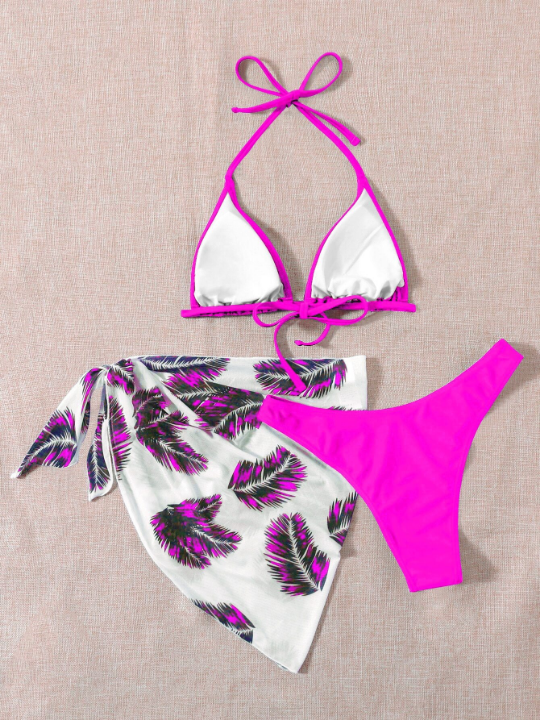 Swim Vcay Leaf Print Bikini Set Halter Triangle Bra & High Cut Bottom & Cover Up Skirt 3 Piece Bathing