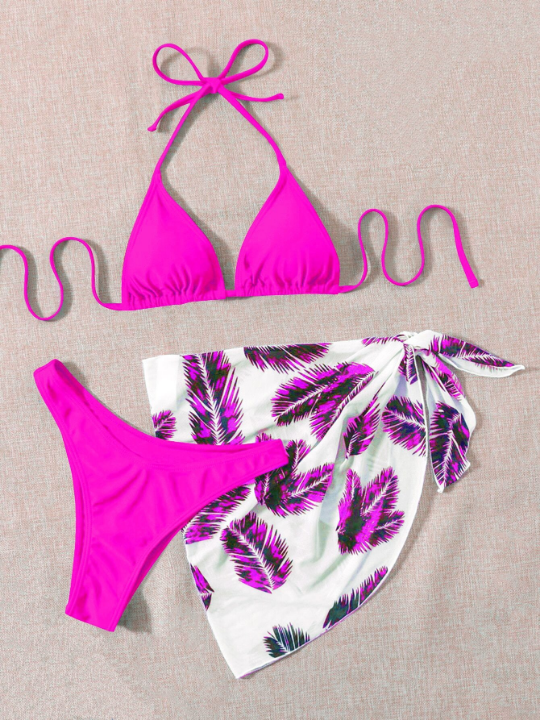 Swim Vcay Leaf Print Bikini Set Halter Triangle Bra & High Cut Bottom & Cover Up Skirt 3 Piece Bathing