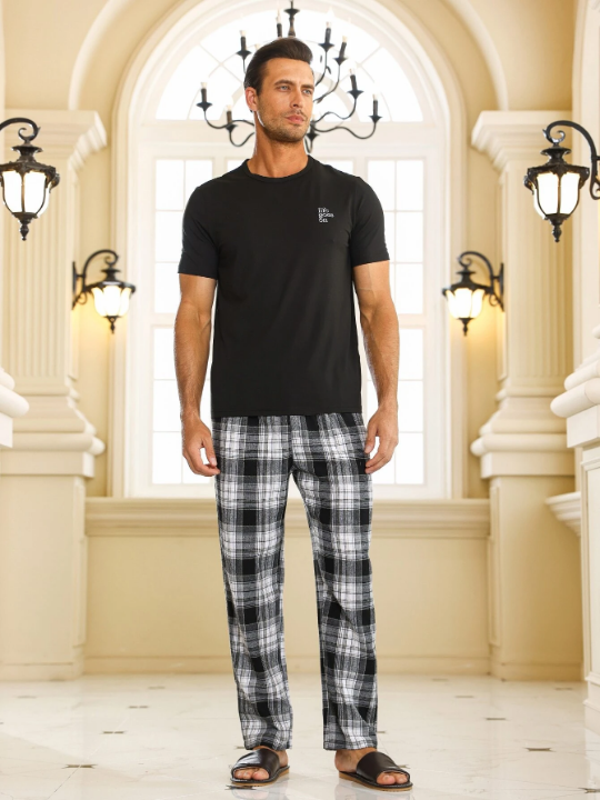 Men Plaid Print PJ Set