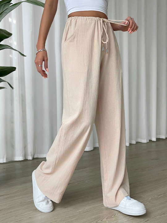 EZwear Linen Drawstring Waist Slant Pocket Wide Leg Pants