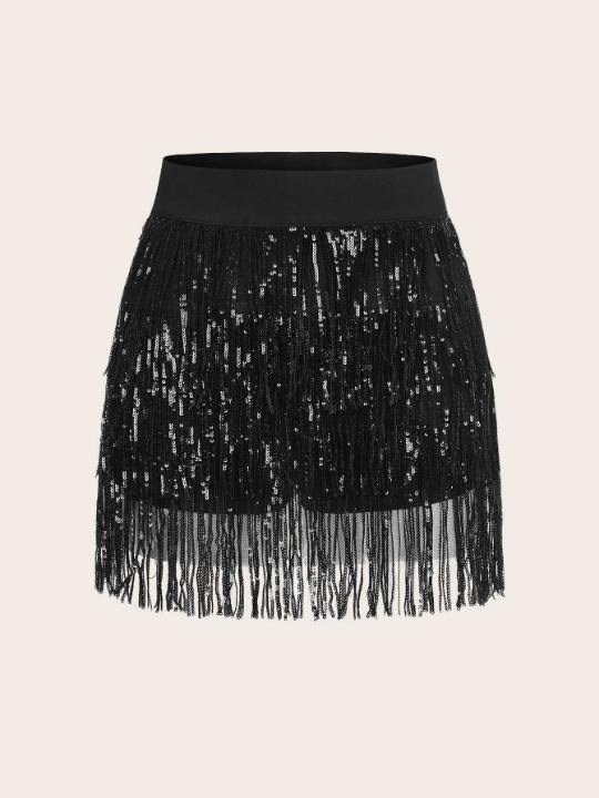 ICON Black Fringe Trim Sequin Decor Concert Outfits Skirt