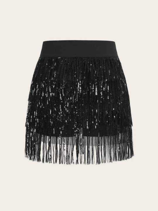 ICON Black Fringe Trim Sequin Decor Concert Outfits Skirt