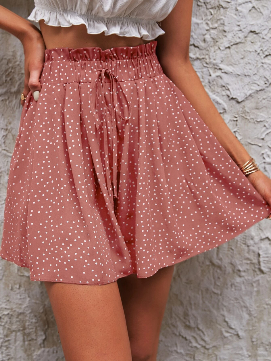 Frenchy Polka Dot Tie Front Paperbag Waist Shorts