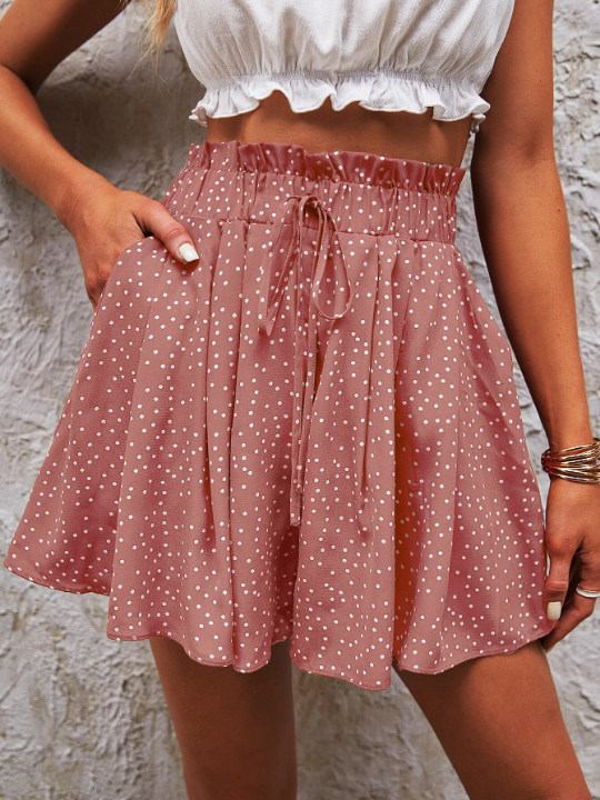 Frenchy Polka Dot Tie Front Paperbag Waist Shorts