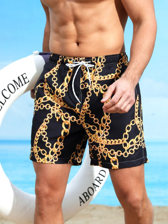 Manfinity Swimmode Men Chain Print Drawstring Waist Swim Trunks