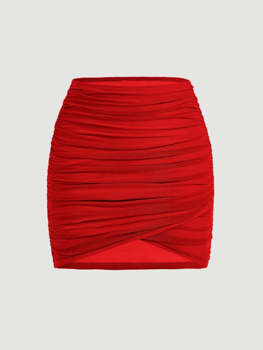 MOD Solid Ruched Wrap Bodycon Red Mini Skirt