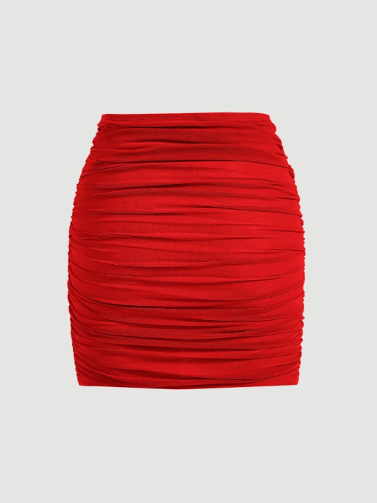 MOD Solid Ruched Wrap Bodycon Red Mini Skirt