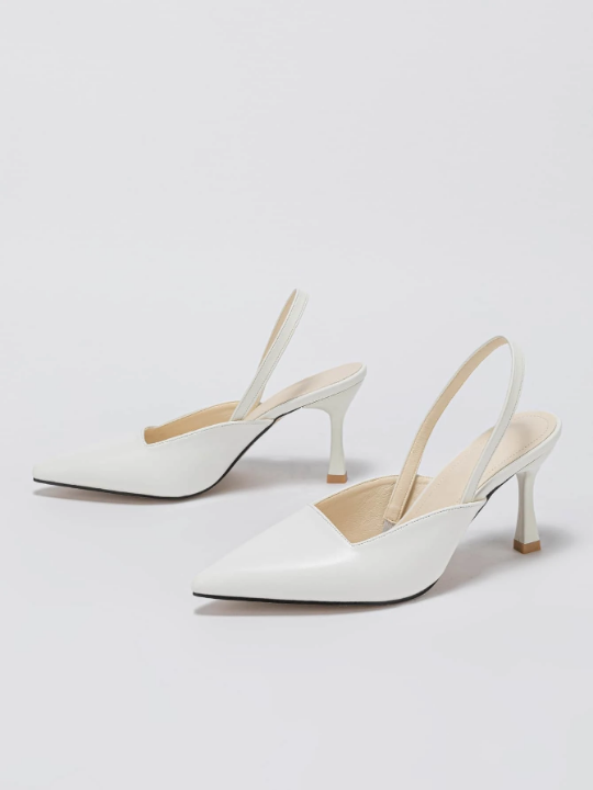 Elegant White Slingback Pumps For Women, Point Toe Stitch Detail Pyramid Heeled Pumps