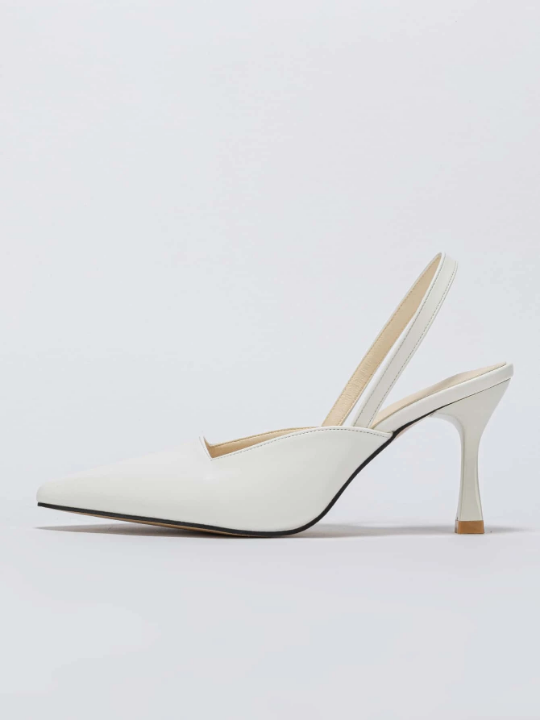 Elegant White Slingback Pumps For Women, Point Toe Stitch Detail Pyramid Heeled Pumps