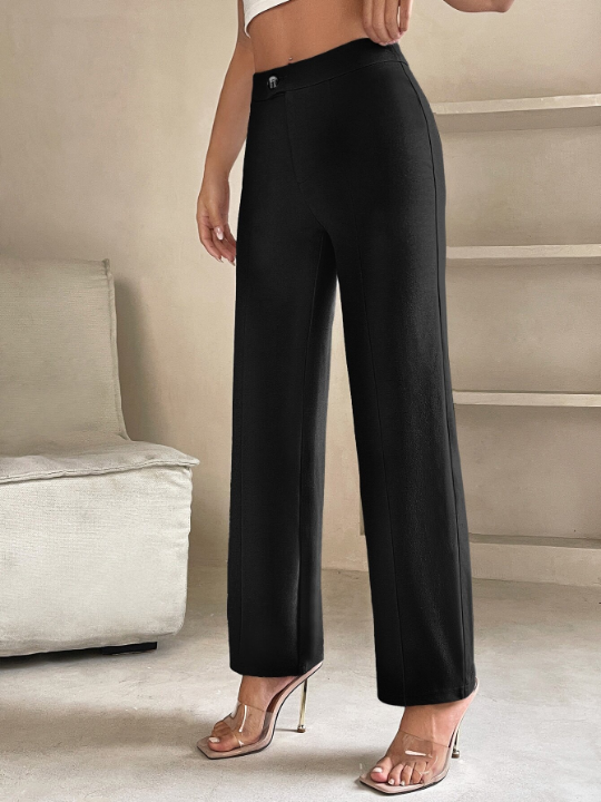 PETITE High Waist Seam Detail Straight Leg Spring Black Pants