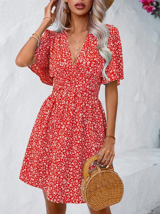 VCAY Ditsy Floral Print Butterfly Sleeve Dress