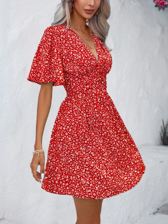 VCAY Ditsy Floral Print Butterfly Sleeve Dress