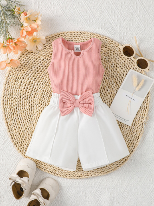 Baby Girl Notched Neckline Tank Top & Bow Front Shorts