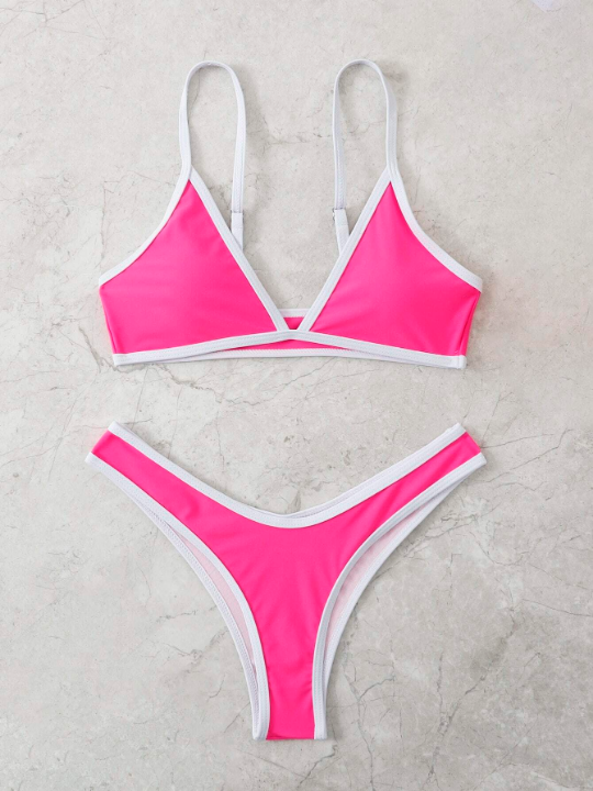 Contrast Binding High Cut Bikini Swimsuit