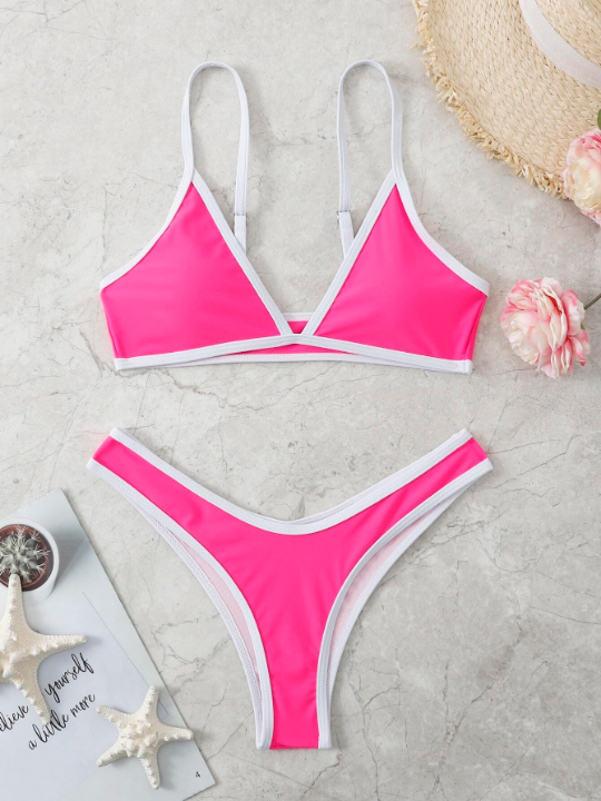 Contrast Binding High Cut Bikini Swimsuit